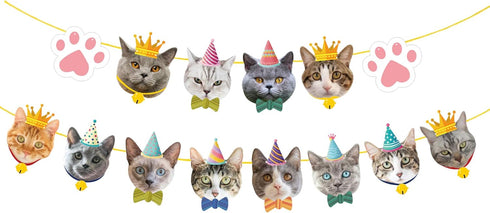 TSJ 14PCS Cat Birthday Banner, Kitty Cat Theme Party Bunting Decoration for Cat Party Favors