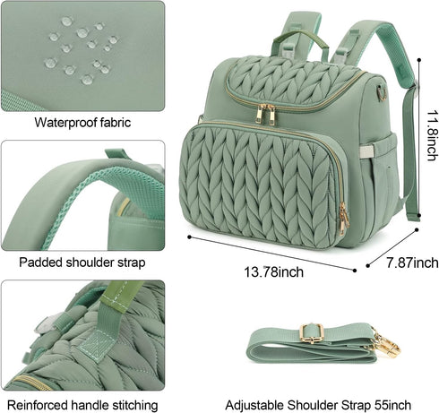 Kouxunt Backpack, Small Diaper Bag Quilted Mini Baby Crossbody Diaper Bag Tote for Mom (Matcha Green)
