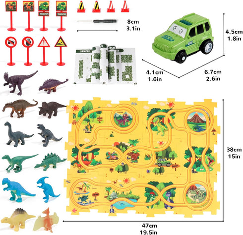Set 12 3-5 3 4 5 6 Puzzle Track Car Play with Dinosaur Figures, Plastic Railcar Floor Puzzles for Kids Ages