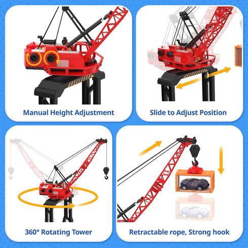 2-in-1 Playset, CUTE STONE Toy Boat & Tower Crane Cargo Ship with Lights/Sounds | Push-Go Transport Ship & Construction