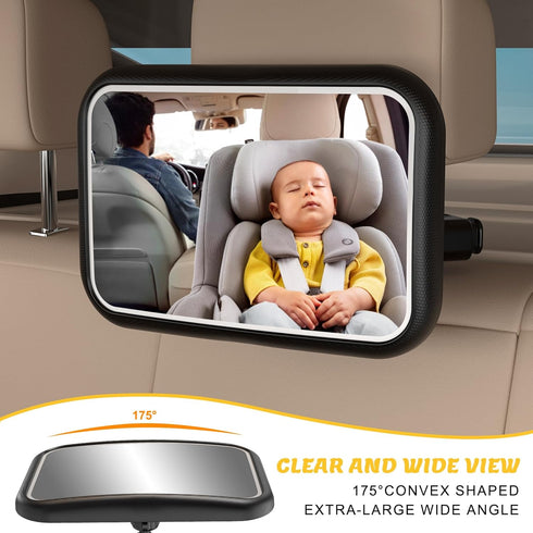 7 360 Baby Car Mirror with Light, RGB Light Rear Facing Baby Car Seat Mirror with Remote Control Rechargeable Rotation