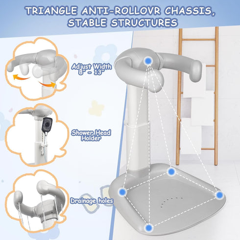 6 Anti-Pinch Adjustable Baby Bath Stand with Anti-Slip Base, Sturdy Baby Stand Up Shower, Huggable Bear Stand Bath