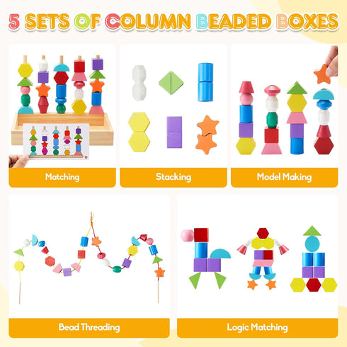 Montessori Preschool Educational Wooden Toys for Toddlers, Lacing Beads & Stacking Blocks Gifts for Kids