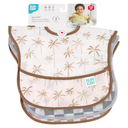 Bumkins Bibs for Girl or Boy, SuperBib Baby and Toddler for 6-24 Months, 3-pk Palms and Checks