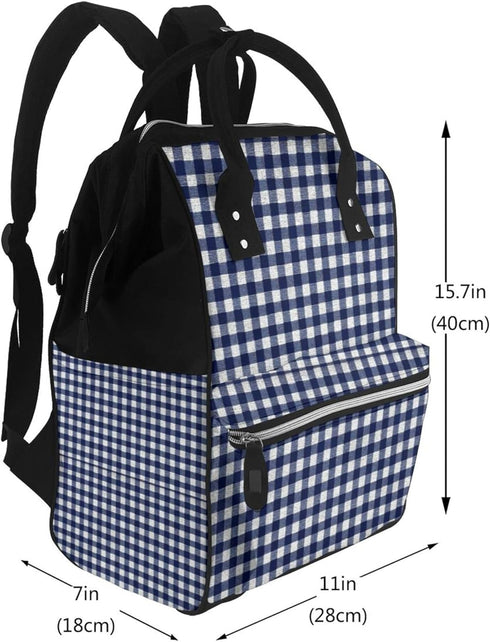 Qewfoju 2 Backpack Navy blue Gingham Pattern Diaper Bag Multifunctional Baby Bags for Baby Girls & Boys Large Capacity