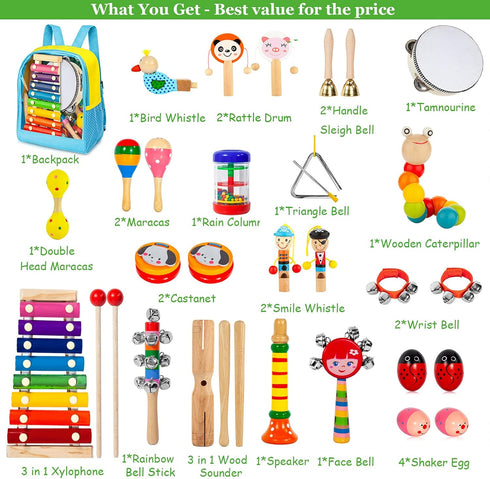 Toddler Musical Instruments Set, 32 PCS 19 Kinds Wooden Percussion Toys for Kids