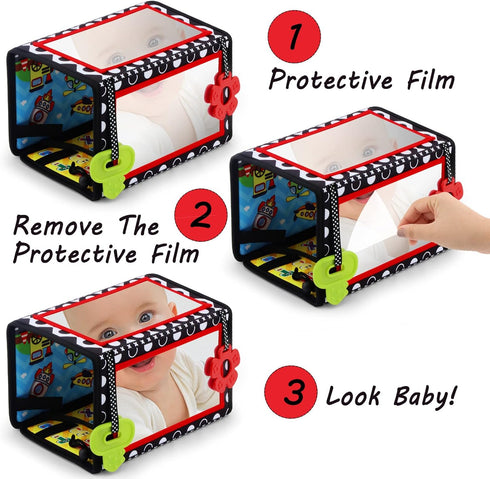 Tummy Time Floor Mirror with Teethers, Double-Sided High Contrast Baby Toys for Crawling Developmental Newborns