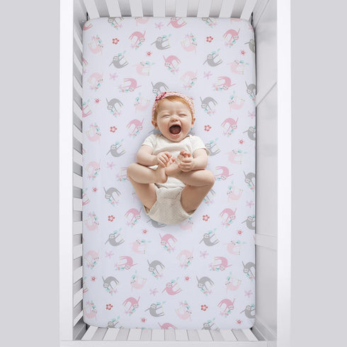 Little Love by NoJo Sloth Fitted Crib Sheet - Tropical Garden Design in Pink, Grey, and White