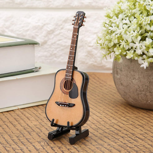 Miniature Guitar Model, Wooden Dollhouse Guitar with Stand and Case, Musical Instrument Home Decor (10CM)