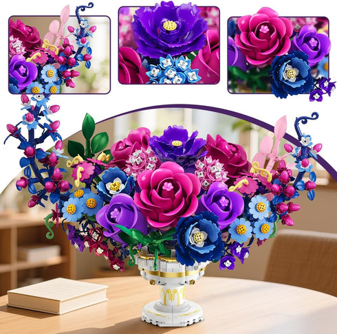 Set 1274 12+ PLAXSOON Moon Flower Bouquet Building with Lights, Mothers Day Flowers Botanicals Building Block Kit, PCS