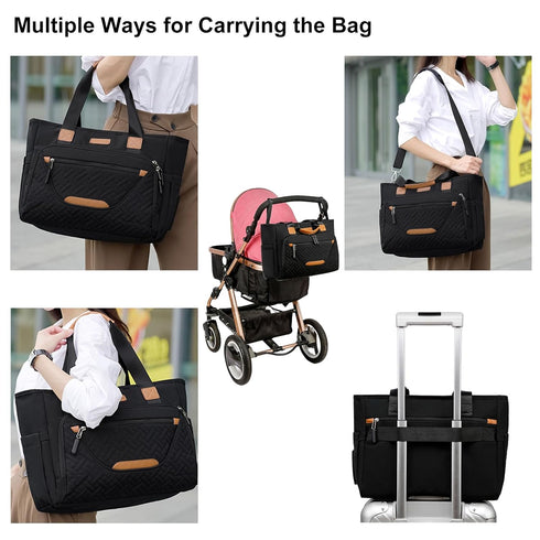 Diaper Bag Tote with 16 Inch Laptop Compartment, Large Crossbody Toddler Bag for Mom (Black)