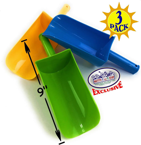 9" Set 3 Pack Matty's Toy Stop Kids Short Handle Sand Scoop Plastic Shovels for Sand & Beach (Yellow, Blue & Green)