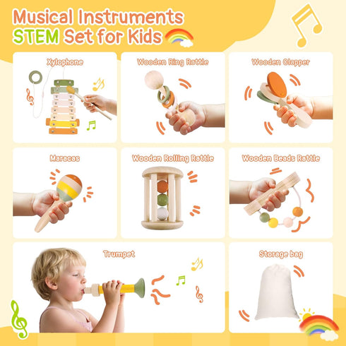 Set 18+ 7PCS Wooden Musical Instruments for Toddlers Months - Montessori Educational Learning Toys with Xylophone