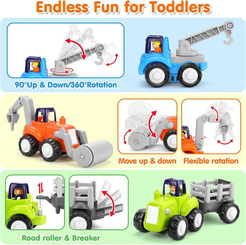 ORWINE 18 4PCS Inertia Trucks Toy Cars, Early Educational Baby Boy Toys Months, Push and Go Cars Gifts for Boys