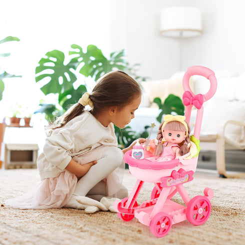 deAO Baby Doll Stroller with 12 Inch Doll, Foldable Stroller Role Play Set with 16 PCS Accessories for Kids