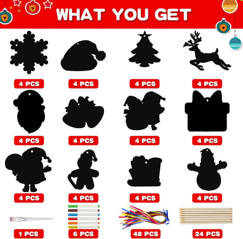 Max Fun 48PCS Christmas Crafts Scratch Art for Kids, Magic Rainbow Scratch Off Paper Cards, Party Favors