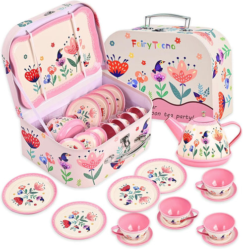 Floral Tea Party Set for Little Girls Ages 3-6, 15-Piece Pretend Play