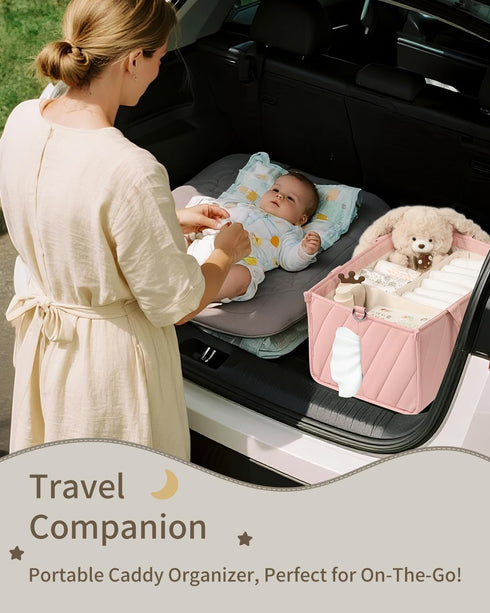 VKSAO Pink Diaper Caddy Organizer Portable Storage Basket with Shoulder Strap & Stroller Hooks, Splashproof Quilted