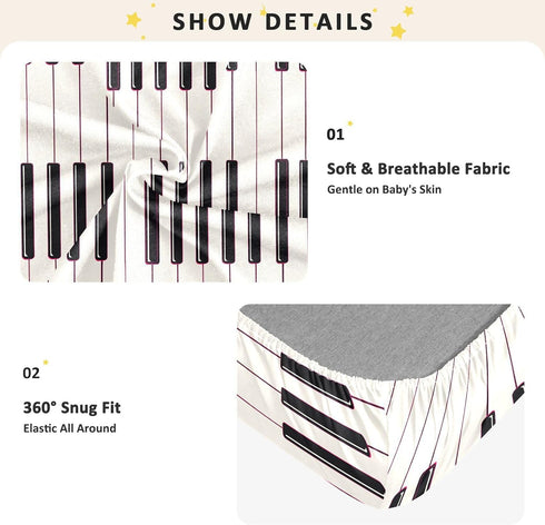 miaozhen 1 Pack 52x28 Cotton Baby Crib Sheets Soft Comfy Simple Line Art Black and White Piano Keys Boy Girl Crib Sheet