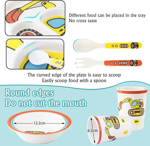 Kids Tableware Set, 5-Piece Set Included Plate, Bowl, Cup, Fork, and Spoon - Toddler Dinnerware, Baby Feeding Divided