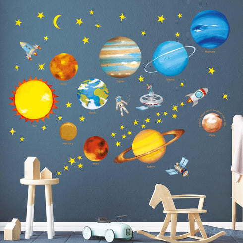 DECOWALL DS4-8007 Planets in The Space Kids Wall Stickers, Peel and Stick Removable Decals for Nursery & Bedroom Decor