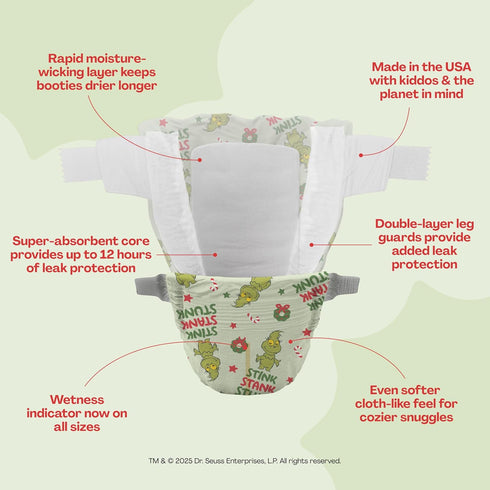 Grinch 1 (8-12 lbs), 82ct Hello Bello Dr. Seuss Baby Premium Diapers, Size Plus Bonus Baby Wipes: Softness & Protection