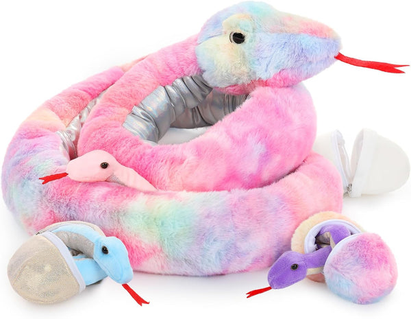 MaoGoLan Giant Snake Stuffed Animal - Realistic Large Mommy with 3 Babies & 3 Eggs Plush Toy, 79'' Long