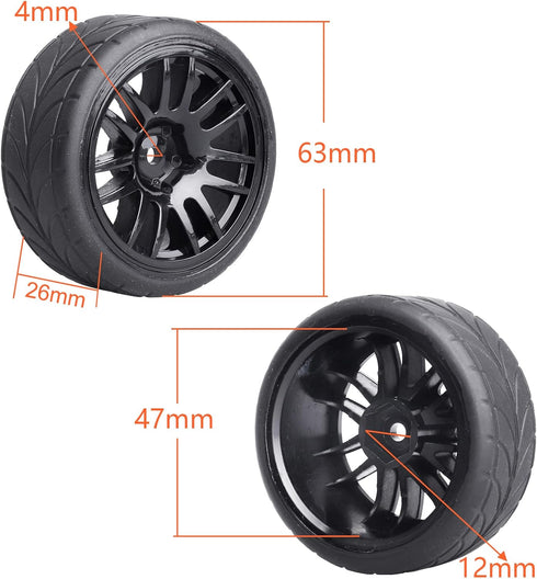 Preglued 1/10 On Road Wheels and Tires 12mm Hex Wheels Rubber Flat Racing Tires for Traxxas 4tec 2.0 3.0 Tamiya TT02 TT01 HPI RS4 Wltoys 144001 Kyosho Fazer 4PCS