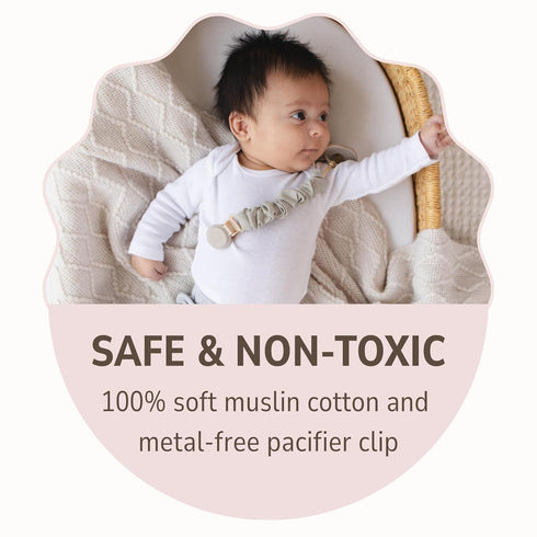 Muslin Cotton Pacifier Clips - Metal-Free, Lightweight and Secure Pacifier Holder for Babies (Cloud Rve) - Mila & Lulu