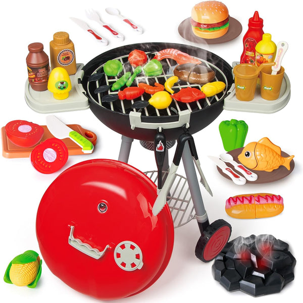 Upgrade 79PCS Toy BBQ Grill Set, Kitchen Toy Set with Realistic Spray, Light & Sound for Kids, Christmas Birthday Gift