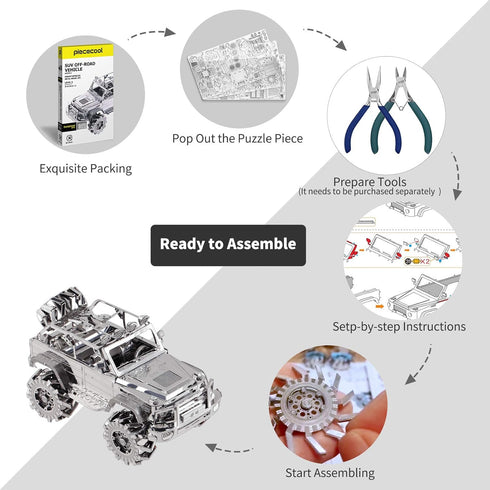Piececool 3D Metal Puzzle SUV Car Model Kits, 157 Pcs Building Kit, Brain Teaser DIY Craft Toys for Teens, Men, Women.