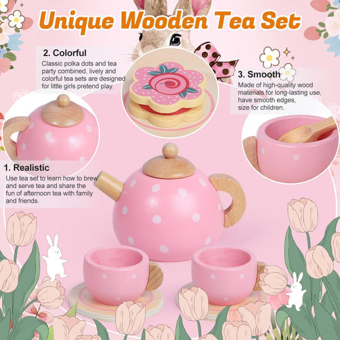 Set Set 2-5 Wooden Tea Party for Little Girls, Toddler Girl Gifts Princess Tea Time Toys, Wooden Tea Tray Cake Dessert
