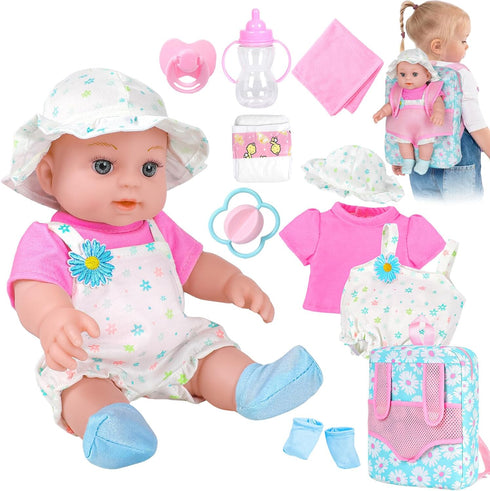 12" Girls Baby Doll Daisy Theme Backpack Carrier Playset,12 Inch Reborn Baby