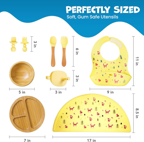 Set 8 Set Bamboo & Silicone Baby Feeding PCS | Baby Led Weaning Supplies Self Feeding | Divided Suction Plate Bowl Bib