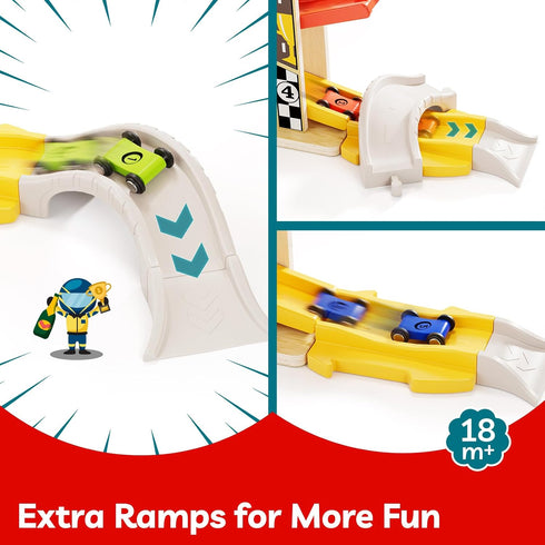 1-3 6 1 1 TOP Bright Wooden Race Track Car Ramp Toys for Toddlers Years Old with Mini Cars, Car Garage & Extra Bridges