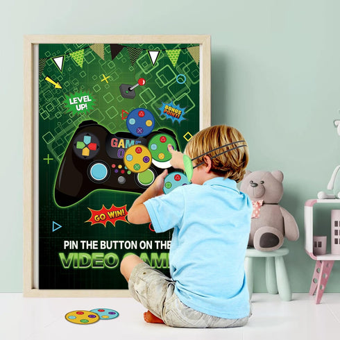 Pin The Button on The Video Game Party Game with 32 Stickers and Large Poster for Kids Birthday Decoration