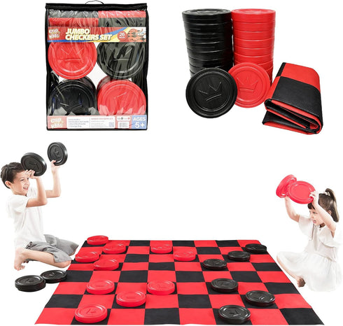 Jumbo Checkers Set with Storage Bag, 58 Inch Mat for Outdoor & Indoor Play, Backyard Board Games for Kids Ages 5-8,