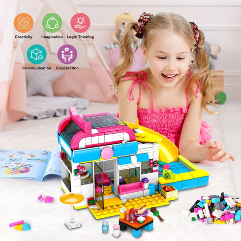 HOGOKIDS 3-in-1 Girls Camper Van Building Set, 494PCS Summer Beach Camping Blocks and Food Truck Toys