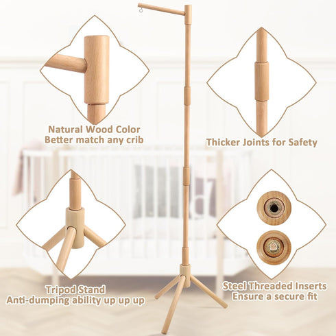 61.4 Inch 100% Floor-Standing Crib Mobile Arm - Wooden Mobile Arm for Crib - Movable Baby Mobile Hanger with Strong