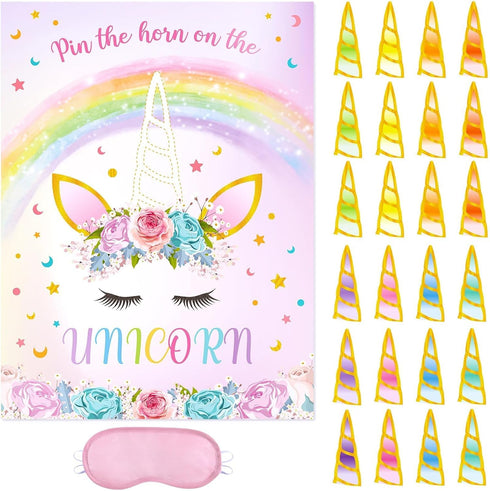 WERNNSAI Pin The Horn on The Unicorn, Birthday Party Game Poster with 24 Horn Stickers