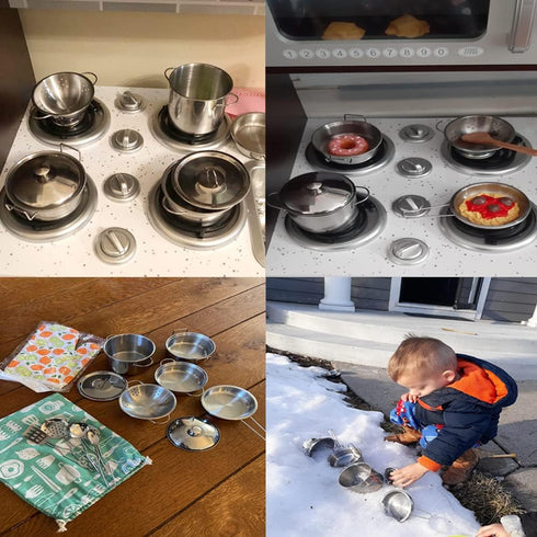 Play Pots and Pans Toys for Kids, Mini Stainless Steel Cooking Utensils Kitchen Playset for Toddlers, Ages 3 and up