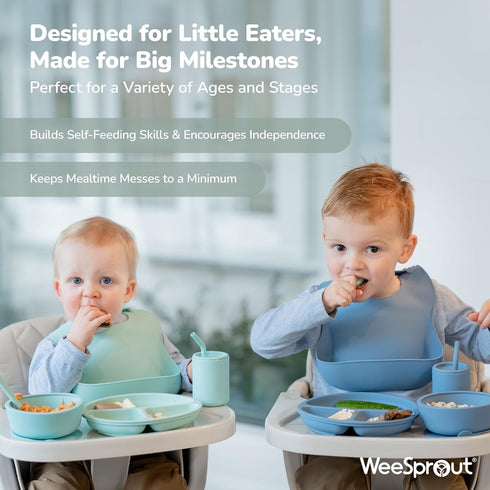 WeeSprout Baby Led Weaning Bundle, Silicone Suction Bowl, Spoons, Bib & Cup, Develops Self Feeding Skills, Dishwasher