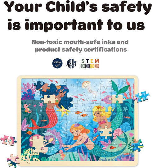 100 Piece Puzzles for Kids Ages 4-8, Unique Wooden Jigsaw Toddler Puzzles with Storage Tray Fun Mermaid