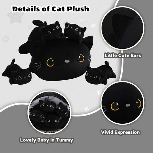 Mommy 4 Tummy, SQEQE Black Cat Stuffed Animal with Babies Cat in her Cute Black Cat Plush Toys for Kids, Gifts Ideal