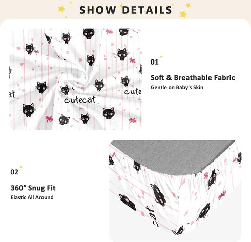 miaozhen 1 Pack 52x28 Cotton Baby Crib Sheets Soft Stretchy Cute Animal Black Cat Handdrawn Crib Mattress Sheet