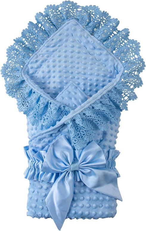 Elegant Blue Knitted Baby Swaddle Blanket with Lace and Bow - Perfect for Newborns