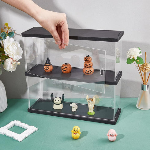 SUPERFINDINGS Clear Minifigures Display Case, Acrylic 2 Tier Showcase with Black Base for Models, 27.3x30x9.8cm
