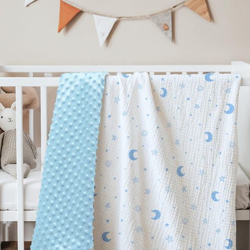 30x40 inches, Star Moon Baby Blankets for Boys Girls, Soft Nursery Minky Blankets with Muslin and Dotted Fleece Back