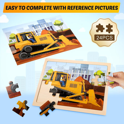 Wooden Vehicle Puzzles for Kids Age 3-5 - 4 Pack 24 Pcs Montessori Toddler Jigsaw Puzzles for Learning Activities