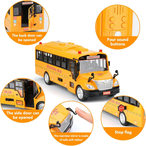 Cdymkf Kids1/16 4 Yellow School Bus Toy for Scale Interactive Friction-Powered Car with Different Flashing Lights